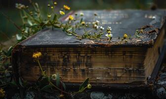 Close-up of a weathered old book with wildflowers growing from its spine photo