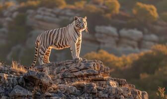 A white tiger standing tall on a rocky outcrop photo