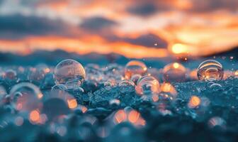 Close-up of frozen bubbles trapped beneath the surface of a lake photo