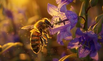 Bee collecting nectar from a bellflower, closeup view, selective focus photo