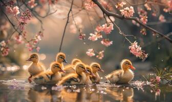 A group of fluffy ducklings waddling near a pond surrounded by blooming cherry trees. Spring nature photo