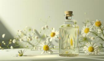 Bottle of chamomile essential oil, beauty product photo