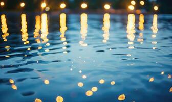 Bokeh lights reflecting off the surface of a calm lake at twilight photo