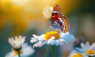 Butterfly amidst wildflowers, closeup view, selective focus, spring nature photo