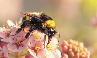 Bumblebee collecting pollen from flowers, closeup view, selective focus photo