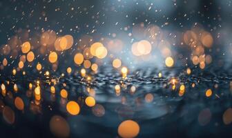 Bokeh lights reflecting off water droplets on a rainy day photo