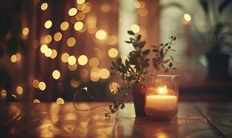 Bokeh lights in warm tones casting a soft glow in a cozy indoor setting photo