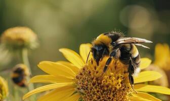 Bumblebee collecting pollen from flowers, closeup view, selective focus photo