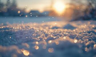 Bokeh lights sparkling against a snowy landscape, closeup view photo