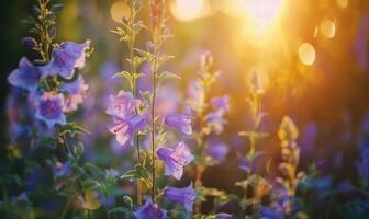 Bellflowers blooming in a cottage garden, closeup view, soft focus photo