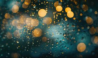 Bokeh lights reflecting off the surface of a calm lake at twilight photo