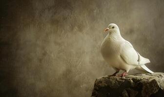 Close-up of a majestic white pigeon perched on a stone ledge photo