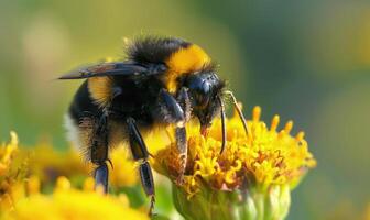 Bumblebee collecting pollen from flowers, closeup view, selective focus photo