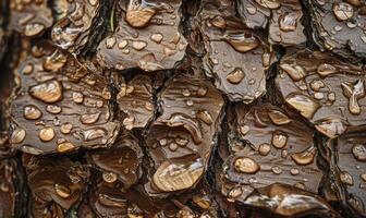 Close-up of cedar bark with raindrops clinging to its textured surface photo