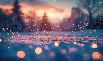 Bokeh lights sparkling against a snowy landscape, closeup view photo