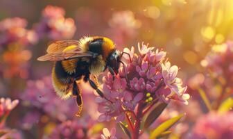 Bumblebee collecting pollen from flowers, closeup view, selective focus photo