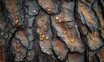 de cerca de cedro ladrar con gotas de lluvia pegajoso a sus texturizado superficie foto