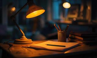 Graphite pencils and white paper illuminated by the soft glow of a desk lamp photo