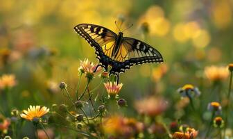 Butterfly amidst wildflowers, closeup view, selective focus, spring nature photo