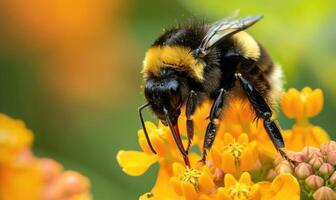 Bumblebee collecting pollen from flowers, closeup view, selective focus photo