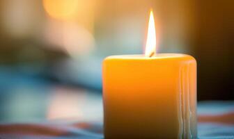 Close-up of a candle burning brightly with soft focus on the flame photo