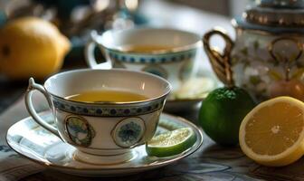 Bergamot tea served in delicate porcelain cups, closeup view photo