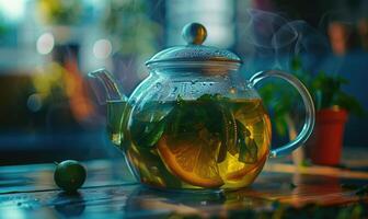 Bergamot tea brewing in a glass teapot photo