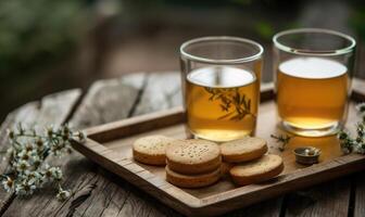 Bergamot tea served on a wooden tray with biscuits photo