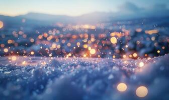 Bokeh lights sparkling against a snowy landscape, closeup view photo
