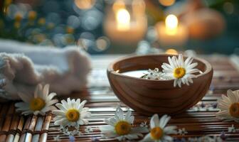 Chamomile essential oil in a spa setting, closeup view, skin care cosmetic background photo