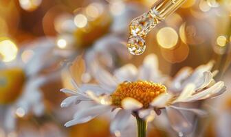 Chamomile essential oil droplets on chamomile flowers, nature beauty background photo