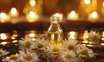 Chamomile essential oil in a dropper bottle, closeup view, skin care cosmetic background photo