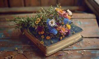 Bouquet of wildflowers placed on top of an antique book photo