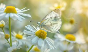 Butterfly amidst wildflowers, closeup view, selective focus, spring nature photo