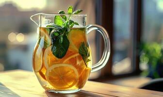 bergamota té infusión en un claro vaso lanzador foto