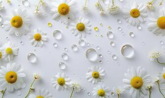 manzanilla esencial petróleo gotas en manzanilla flores, naturaleza belleza antecedentes foto