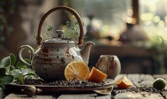 Bergamot tea leaves, pieces of fresh oranges and dirty ceramic teapot photo