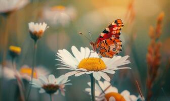 Butterfly amidst wildflowers, closeup view, selective focus, spring nature photo