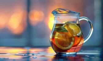 Bergamot tea infusion in a clear glass pitcher photo