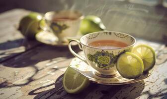 Bergamot tea served in delicate porcelain cups, closeup view photo