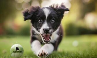 Border collie puppy eagerly awaiting a game of fetch in a grassy park photo