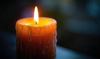 Close-up of a candle's gentle flicker illuminating a serene setting photo