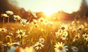 Chamomile field at golden hour, spring nature background photo