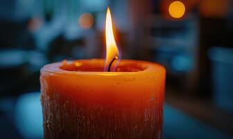 Close-up of a flickering candle flame casting a warm glow photo
