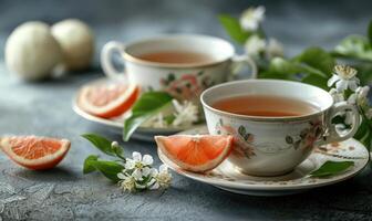 dos tazas de té y jazmín flores y pomelo piezas todavía vida, cerca arriba ver foto