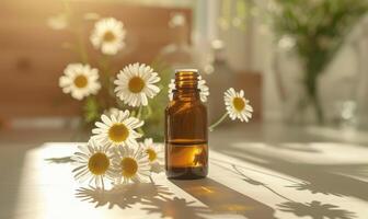 Bottle of chamomile essential oil, beauty product photo