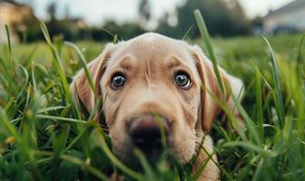 de cerca de un curioso Labrador perrito explorador un herboso campo foto