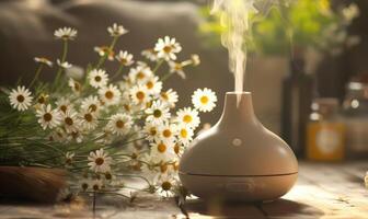 Chamomile essential oil diffuser in a cozy room, aromatherapy photo