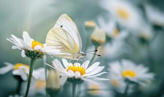 Butterfly amidst wildflowers, closeup view, selective focus, spring nature photo