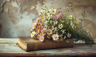 ramo de flores de flores silvestres metido en parte superior de un antiguo libro foto